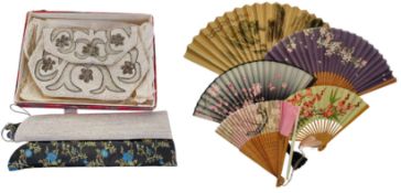 Fan collection and vintage cream beaded purse, 5 fans and one purse, one fan is broken. Single