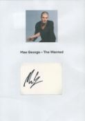 Max George signed 4x3 inch white card affixed to A4 sheet with colour image. Good condition Est.