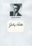 Johnny Preston signed 4x3 inch white card affixed to A4 sheet with black and white photo image. Good