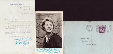 Katie Boyle signed 5x3inch black and white photo with TLS. Comes with original mailing envelope.