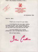 Dame Barbara Cartland, DBE, DStJ signed letter, on personalised letter dated 4th September 1989.