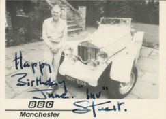 Stuart Hall signed 4.5x3.5 inch approx black and white BBC Manchester photo. DEDICATED. Good