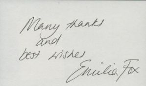 Emilia Fox signed 5x3 Inch white card. Is an English actress and presenter whose career is primarily
