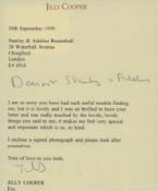Jilly Cooper TLS (Correspondence Letter) dated 20th September 1999. Good condition Est.