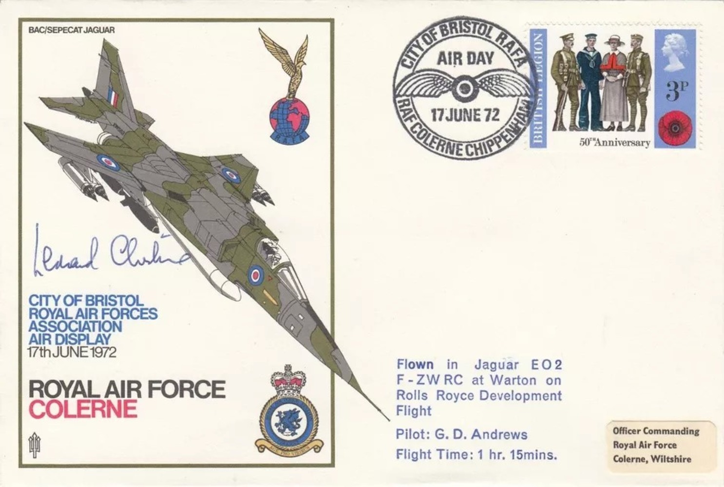 C11c RAF Colerne Flown Jaguar Signed L Cheshire VC Holder. 17 June 72 RAF Colerne. City of Bristol