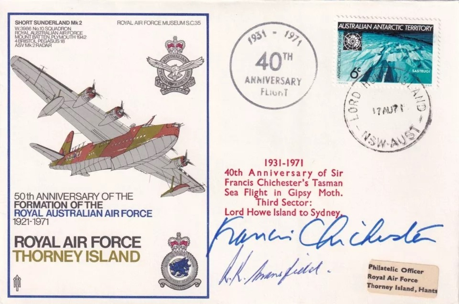 50th Anniv Formation of the RAAF RAF Thorney Island Signed Sir Francis Chichester. 13 Au 71 Sydney