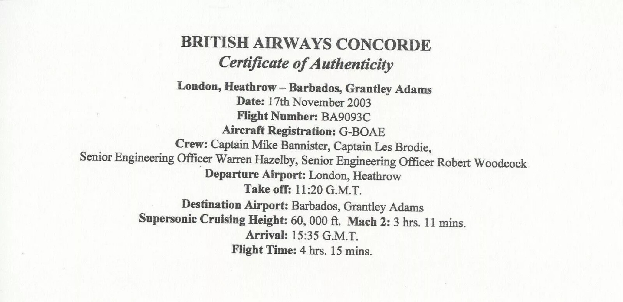2003 Concorde Flown London - Barbados G - BOAE Signed Warren Hazelby. 17 No 03 Heathrow Airport - Image 2 of 2