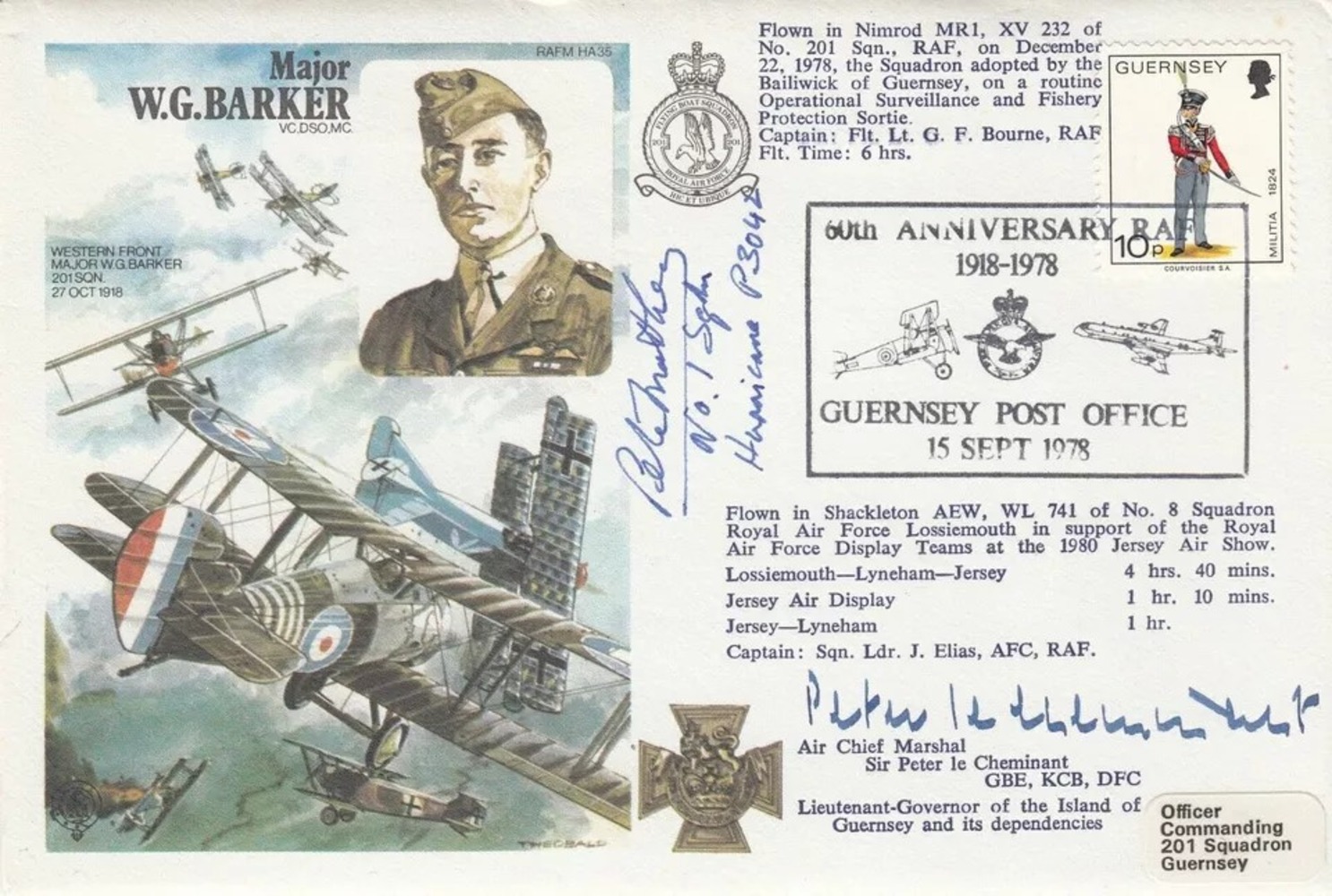 HA35c Major W. G. Barker Signed P Matthews 1 Sqn Battle of Britain Pilot. 15 Sept 1978 Guernsey 60th