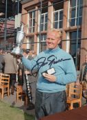 Autographed 8 x 6 Photo - JACK NICKLAUS : Col, depicting American JACK NICKLAUS holding aloft the