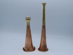 Two antique copper & brass hunting horns, some bum