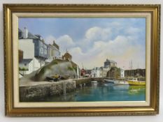 Kerris, a framed oil on canvas of Mevagissey, Corn