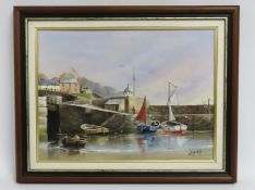 Kerris, a framed oil on canvas of Charlestown, Cor
