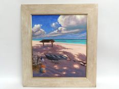 Charles Summers (b.1945), 2006 framed beach scene oil on canvas titled 'The Grey Boat', 590mm x 515m