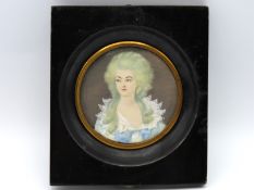A 19thC. continental portrait miniature watercolour of woman on ivory panel signed Monet, Ivory Exem