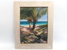 Charles Summers (b.1945), 2006 framed & glazed beach scene oil titled, 'Two Palm Trees', 605mm x 445