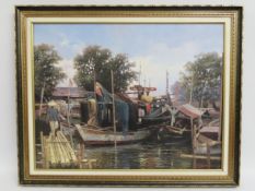 A framed oil on canvas of Oriental harbour scene,