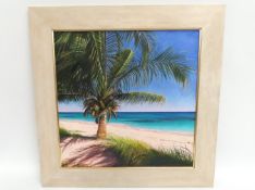 Charles Summers (b.1945), 2006 framed beach scene oil titled 'The Palm Tree I', 585mm x 585mm
