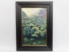 Charles Summers (b.1945), framed & glazed 2005 landscape acrylic titled 'Tropical Forest', image siz