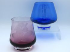 A pair of Caithness etched art glass vases, blue o