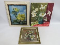 An indistinctly signed early/mid 20thC. oil of roses, one other still life & a Roy Stringfellow past