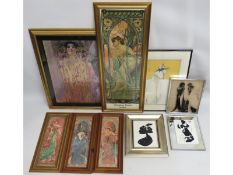 Nine art nouveau framed pictures including three t