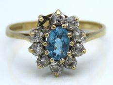 A 9ct gold ring set with aquamarine colour & white