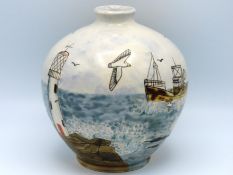 A Cobridge vase with trawler by Angela Davenport,