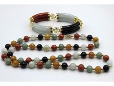 A 14ct gold mounted Burmese jade necklace & bracel