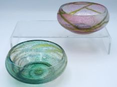 A pair of lightly iridescent Okra bowls with boxes