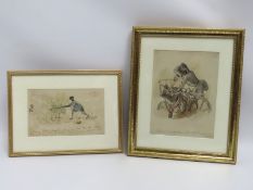 Three framed illustrations, one titled 'Personal encounter between WC & the policeman' & the other b