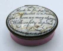 A George III enamel patch box, damage to top & internal mirror, motto reads 