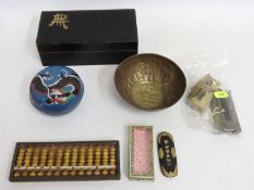 A Chinese cloisonne lidded box, an Oriental brass
