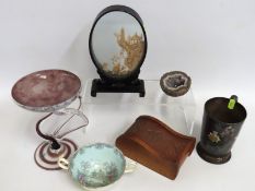 A glass tazza, a silver plated tankard with police badge, a small amethyst geode, a Chinese cork dio