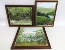 Three framed oil landscape paintings, two by H. Hodge & one by Sarah Greenhow, largest 445mm x 390mm