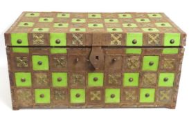 A metal clad medieval style chest, 915mm wide x 45