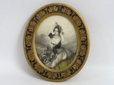 A 19thC. oval print of a woman seated in ornate pe
