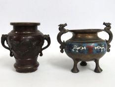 A Chinese bronze vase, base a/f twinned with a clo