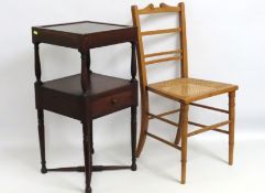 A cane bedroom chair twinned with a two tier lamp