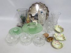 A good silver plated salver with decorative edge twinned with three Waterford Crystal dessert dishes