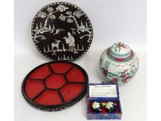 A mother of pearl, inlaid Burmese lahpet tray & co