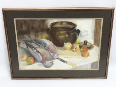 A framed pastel still life of pigeon & pot by Marg