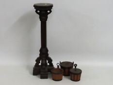 An ecclesiastical pedestal 638mm tall, twinned with three coopered pots & an oak pillar, possibly fr
