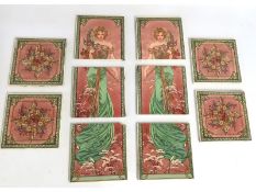A set of eight art nouveau style tiles after Mucha