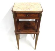 A French marble topped walnut bedside table with d