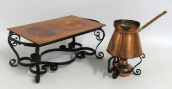 A wrought iron & copper warmer, 440mm wide, twinne