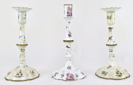 PAIR OF MID 18TH CENTURY BILSTON ENAMEL CANDLESTICKS & 1 MORE