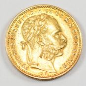 HUNGARUAN FERENK JOSZEF 20 FRANC 8 FORINT GOLD COIN