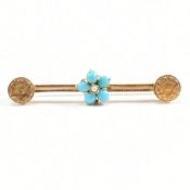 VICTORIAN 9CT GOLD TURQUOISE & PEARL BROOCH PIN