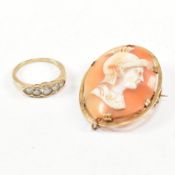 HALLMARKED 9CT GOLD CAMEO & 9CT GOLD CZ FIVE STONE RING.