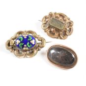 THREE 19TH CENTURY HAIR LOCKET & ENAMEL MOURNING BROOCH PINS